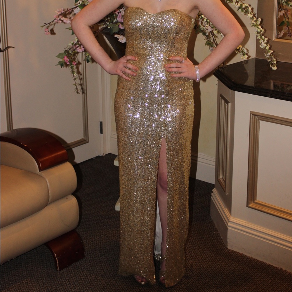 B. Darlin Gold Sequin Strapless Gown